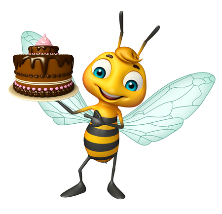 3d rendered illustration of Bee cartoon character with cakeの写真素材