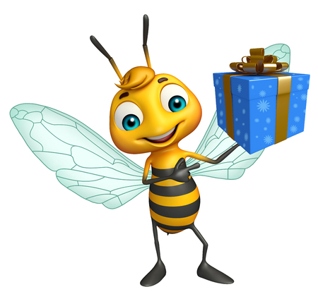 3d rendered illustration of Bee cartoon character with gift boxの写真素材