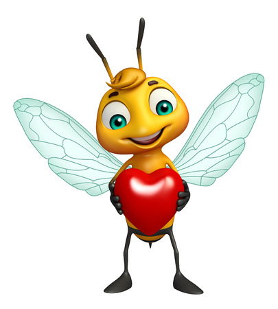 3d rendered illustration of Bee cartoon character with heartの写真素材