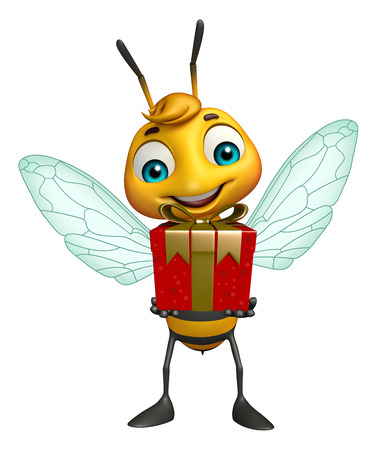 3d rendered illustration of Bee cartoon character with gift boxの写真素材