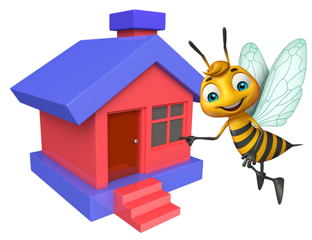 3d rendered illustration of Bee cartoon character with homeの写真素材