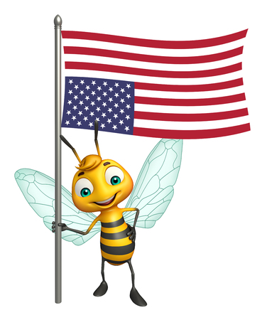 3d rendered illustration of Bee cartoon character with flagの写真素材