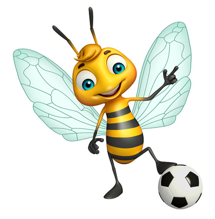 3d rendered illustration of Bee cartoon character with footballの写真素材