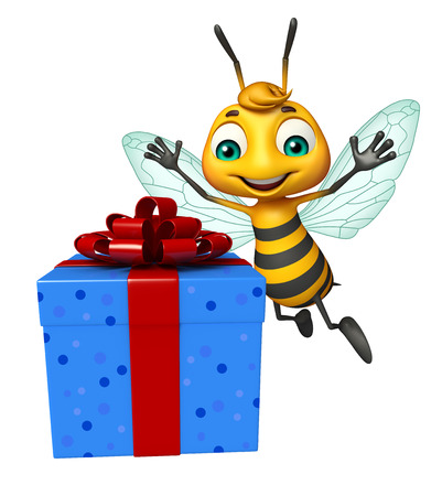 3d rendered illustration of Bee cartoon character with gift boxの写真素材