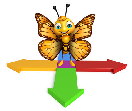 3d rendered illustration of Butterfly cartoon character with arrowの写真素材