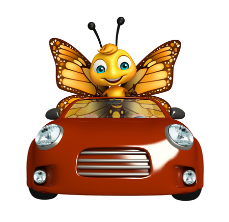 3d rendered illustration of Butterfly cartoon character with carの写真素材