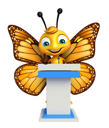 3d rendered illustration of Butterfly cartoon character with speech stageの写真素材