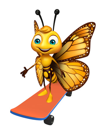 3d rendered illustration of Butterfly cartoon character with skateboardの写真素材