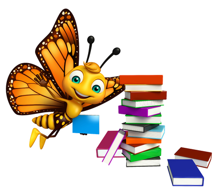 3d rendered illustration of Butterfly cartoon character with booksの写真素材