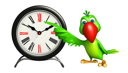 3d rendered illustration of Parrot cartoon character with clock