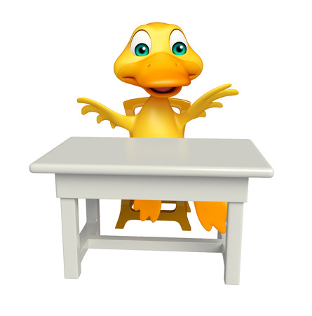 3d rendered illustration of Duck cartoon character with table and chairの写真素材