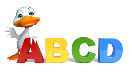 3d rendered illustration of Duck cartoon character with ABCD signの写真素材