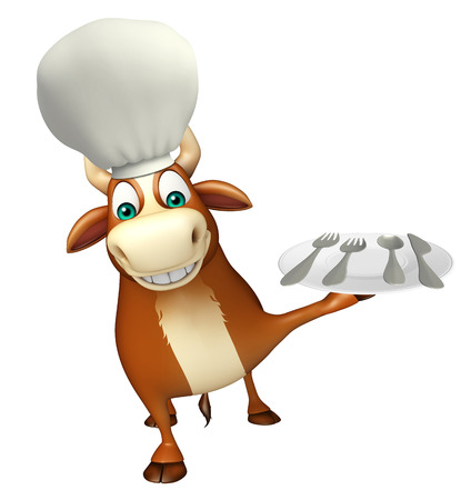 3d rendered illustration of Bull cartoon character with chef hat and dinner plateの写真素材
