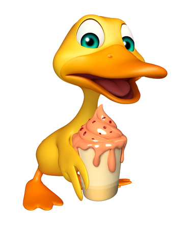 3d rendered illustration of Duck cartoon character with ice creamの写真素材