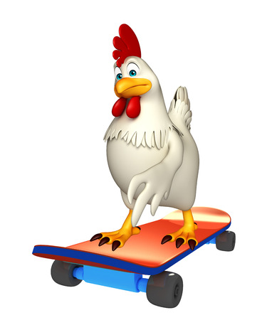 3d rendered illustration of Hen cartoon character with skateboardの写真素材