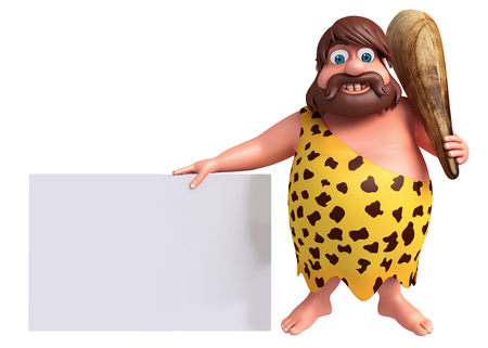 3D Rendered illustration of caveman with white boardの写真素材