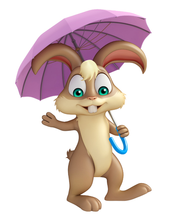 3d rendered illustration of Bunny cartoon character with umbrellaの写真素材
