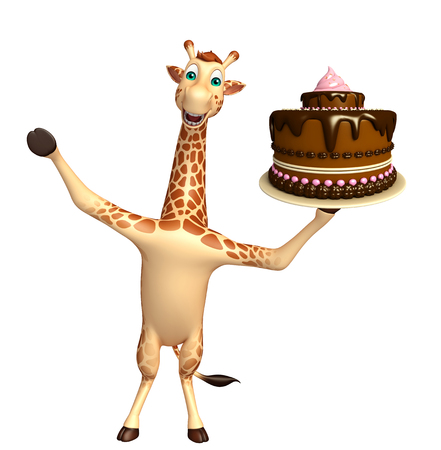 3d rendered illustration of Giraffe cartoon character  with cakeの写真素材