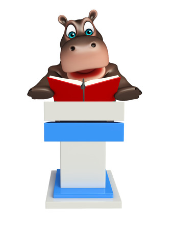 3d rendered illustration of Hippo cartoon character with book and speech stageの写真素材