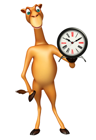 3d rendered illustration of Camel cartoon character with clockの写真素材