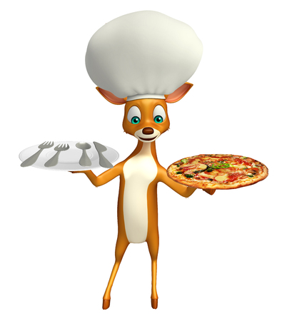 3d rendered illustration of Deer cartoon character with pizza, dinner plate and chef hatの写真素材