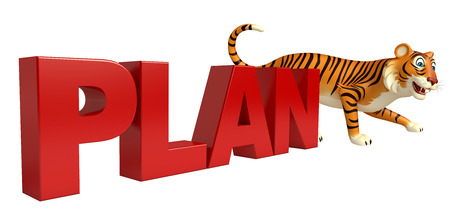 3d rendered illustration of Tiger cartoon character with plan signの写真素材