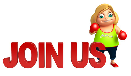 kid girl with Join us sign & Boxing glovesの写真素材