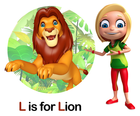 Kid girl pointing Lionの写真素材