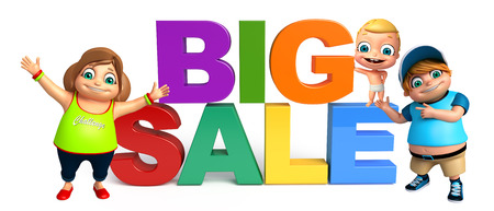 kid girl, kid boy and cute baby with Big sale signの写真素材