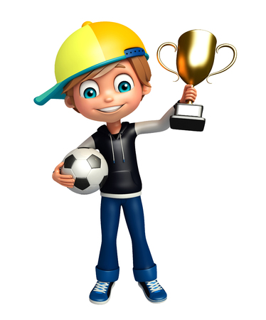 kid boy with football trophyの写真素材