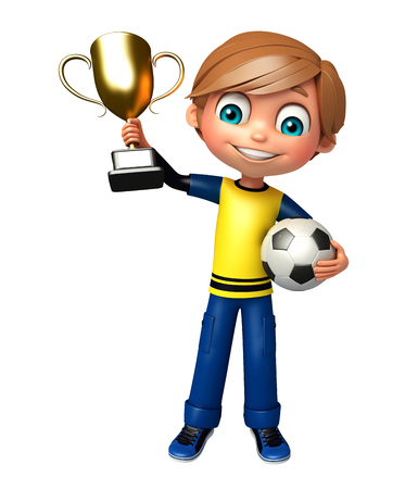 kid boy with football trophyの写真素材