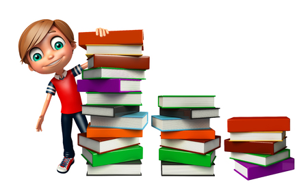kid boy with book stackの写真素材