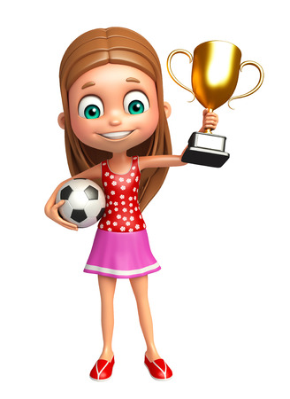 kid girl with Winning cup and footballの写真素材