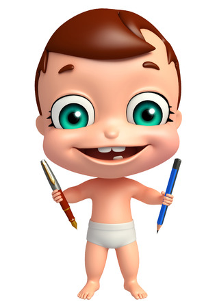 cute baby with Pen and Pencilの写真素材