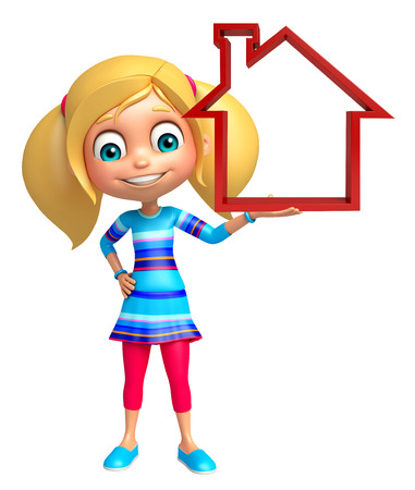 Kid girl with Home signの写真素材
