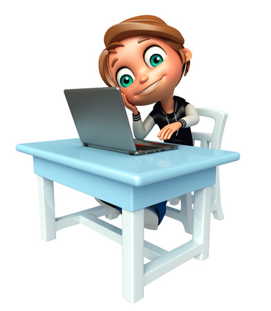 kid boy with table chair  laptopの写真素材