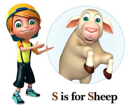 Kid boy pointing Sheepの写真素材
