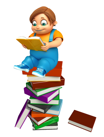 Kid boy with book stackの写真素材
