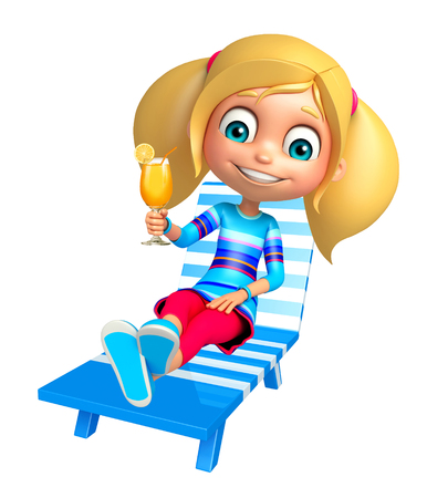 kid girl with Beach chair & Juice Glassの写真素材