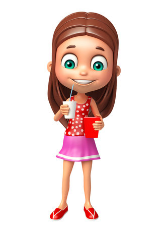 kid girl with soft drink and popcornの写真素材