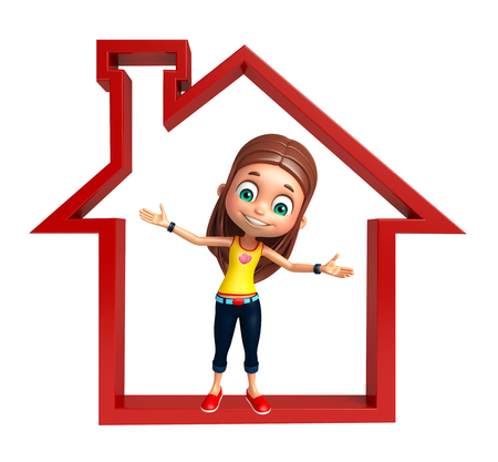 Kid girl with Home signの写真素材