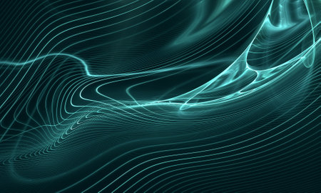 Digital fluid 3d topography of glossy sound in turquoise color in deep dark space. Curvy lines and...
