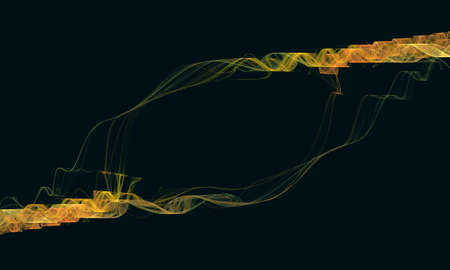 Delicate golden yellow smoky curly decorative 3d trains floating in deep dark space. Minimal simple...