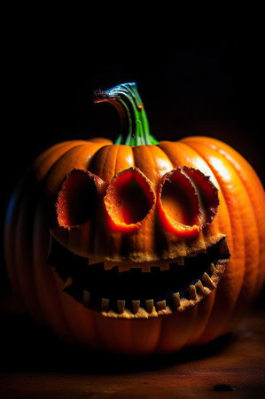 Halloween pumpkin head jack lantern on black background. Selective focus. Creepy smile with rare teeth and three carved eyes. Generative AI. Realistic 3d style.の素材