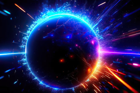 Big bang in deep dark space with electric discharges, burning flashlights and falling particles. Generative AI. Cosmic fantasy of far galaxies.の素材