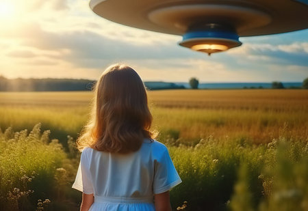 A girl in a white dress stands in the field and looks at the flying saucer. Futuristic cinematic style. Nape view. Generative AI.の素材