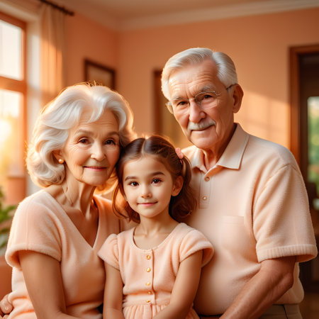 Happy family with grandparents and kid, AI generatedの素材