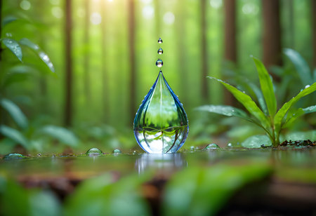Water drop in the forest with fresh green leaves. Nature concept.の素材