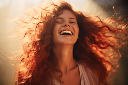 Portrait of happy young woman smiling outdoors, AI generatedの素材