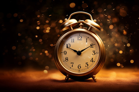 Rustic alarm clock with golden bokeh backgroundの素材